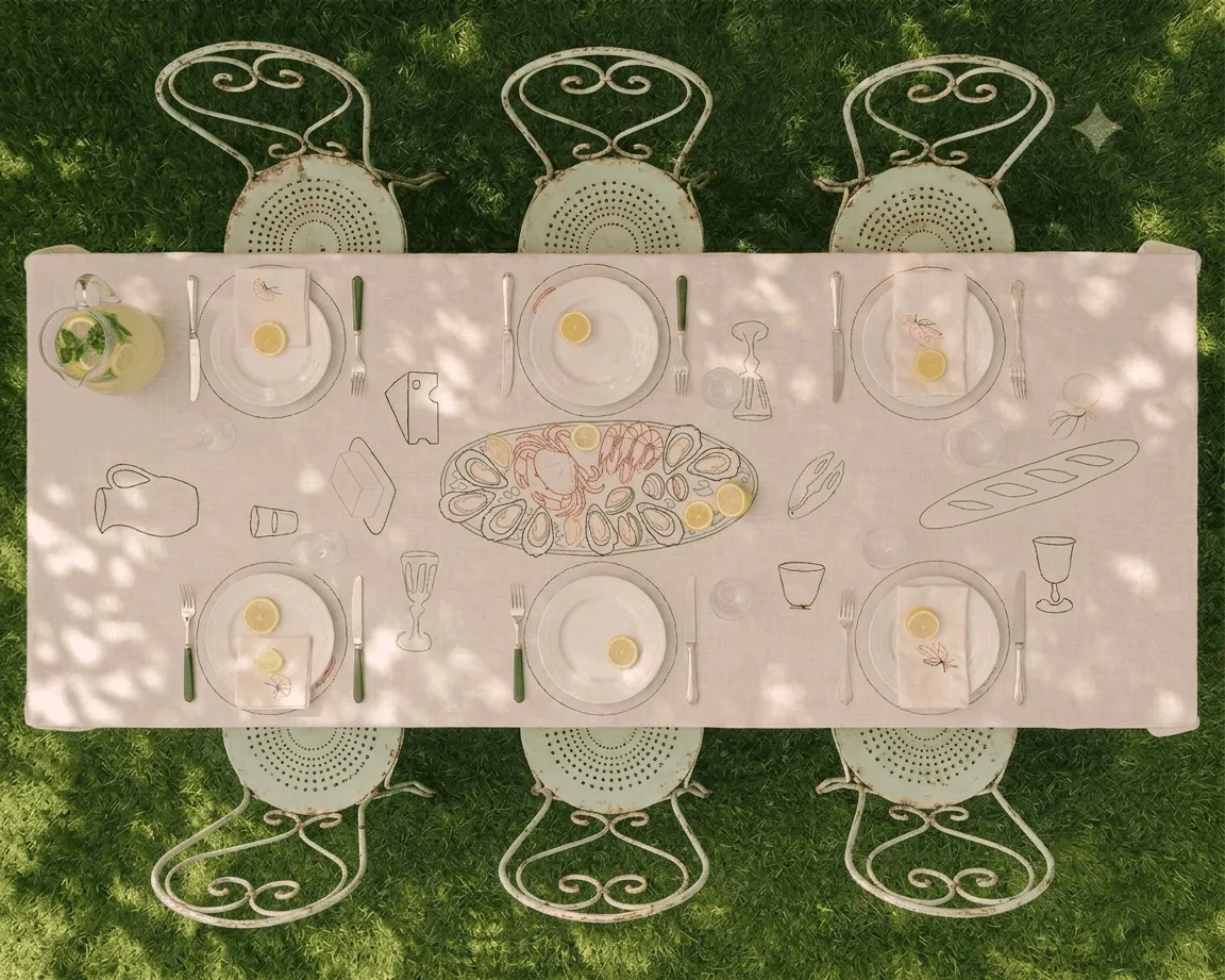 Mesa dispuesta al aire libre con ilustración dibujada a mano sobre los platos